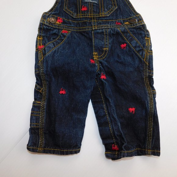 Oshkosh B'gosh Baby 3 Months Dark Denim Jean Red train Overalls - Picture 3 of 7